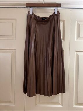 Cache Chocolate Brown Pleated Faux-Leather Midi Skirt